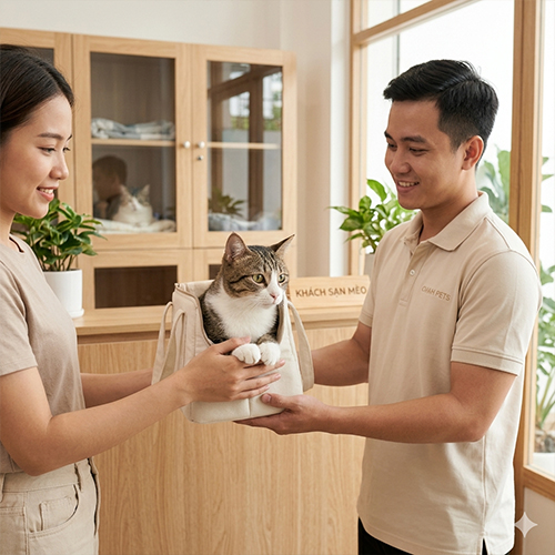 Bàn giao mèo cưng cho nhân viên tại khách sạn chó mèo Chạm Pets