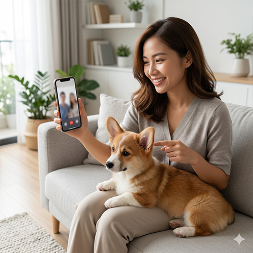 Một người chủ mới đang vui vẻ video call với nhân viên shop tại nhà, nhận hướng dẫn chăm sóc cho chú chó Golden Retriever puppy mới đón của mình.