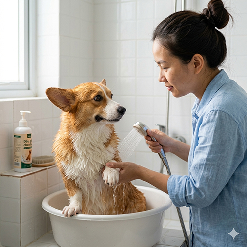 Người chủ đang tắm cho chó Corgi tại nhà với dụng cụ phù hợp
