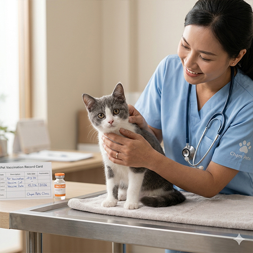 Bác sĩ thú y đang kiểm tra sức khỏe và tiêm phòng cho mèo con tại phòng khám.