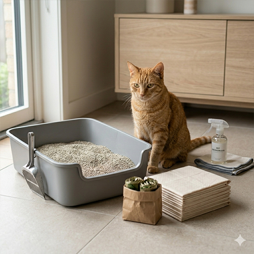 Mèo bên cạnh khay vệ sinh, cát và dụng cụ dọn dẹp tại Chạm Pets.