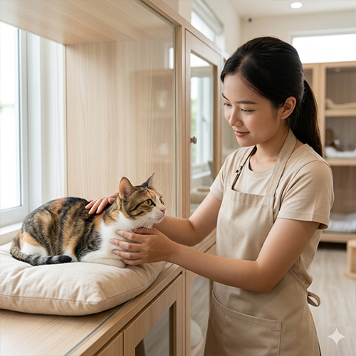 Nhân viên Chạm Pets đang ân cần chăm sóc mèo cưng tại khách sạn thú cưng