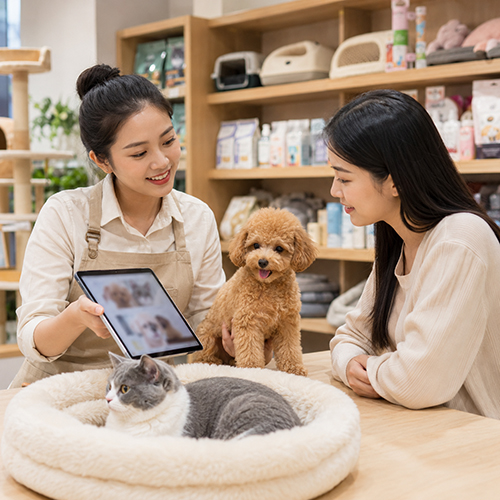 Khách hàng được tư vấn chọn chó mèo cảnh phù hợp tại Chạm Pets