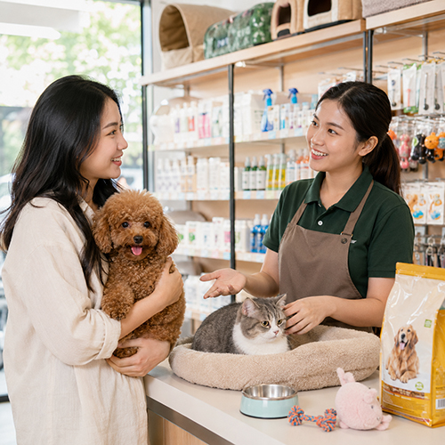 Khách hàng hỏi nhân viên cửa hàng thú cưng khi cần xem chó mèo và mua đồ dùng