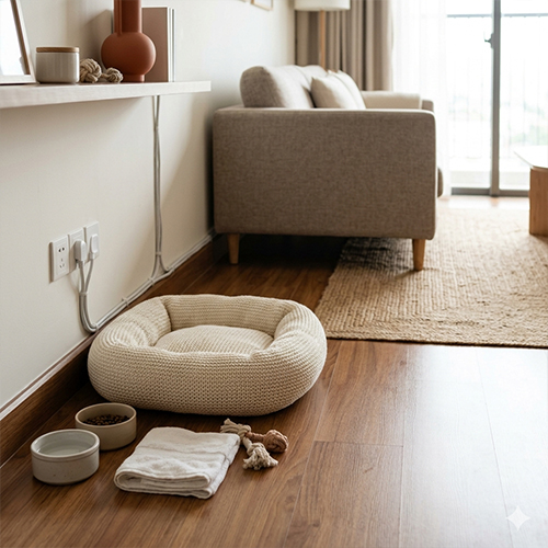 Góc nhỏ với giường nằm, bát ăn và đồ chơi cơ bản cho thú cưng trong căn hộ sạch sẽ.