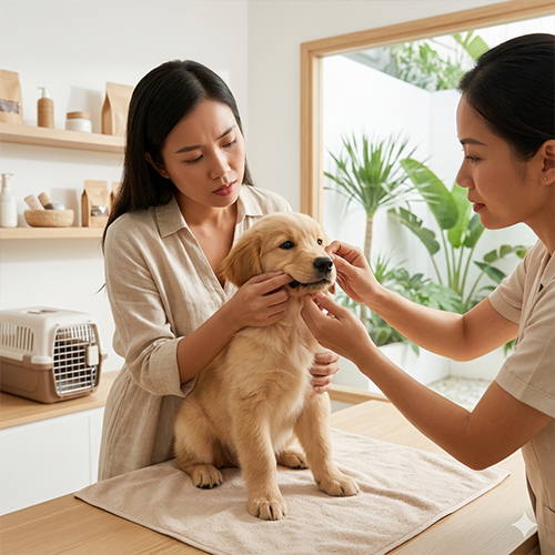 Một nhân viên shop đang dùng đèn pin nhỏ để kiểm tra mắt và mũi của chú chó Golden Retriever con một cách cẩn thận.