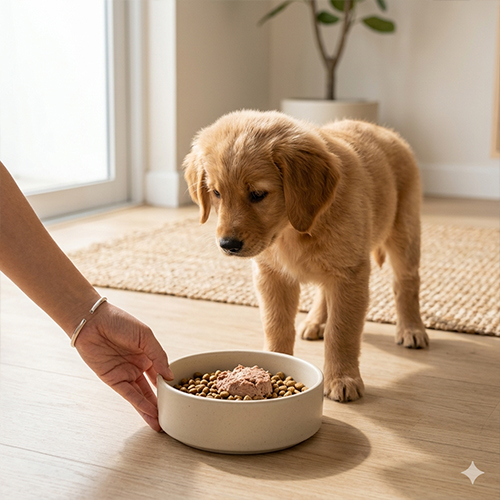 Cận cảnh bàn tay nhẹ nhàng kiểm tra bát ăn của chú chó Golden Retriever con, thể hiện sự quan tâm đến tình trạng ăn uống và độ tuổi.