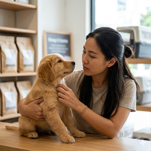 Bàn tay của một khách hàng đang nhẹ nhàng kiểm tra tình trạng răng miệng và bộ lông của chú chó Golden Retriever con một cách cẩn thận.