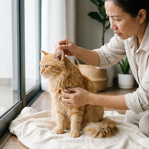 Chuyên viên đang cẩn thận vệ sinh tai cho mèo cưng tại spa