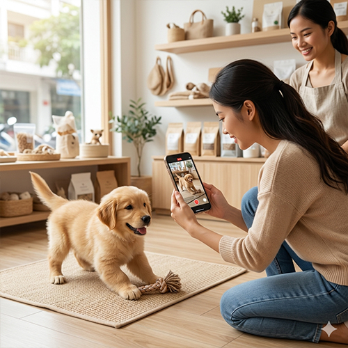 Một khách hàng tại shop thú cưng đang yêu cầu và kiểm tra video thực tế của chú chó Golden Retriever puppy trên điện thoại của nhân viên.