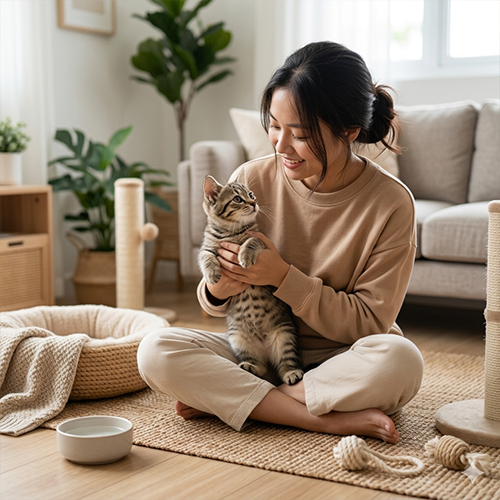 Người chủ hạnh phúc chơi đùa cùng chú mèo con trong không gian nhà ấm cúng.