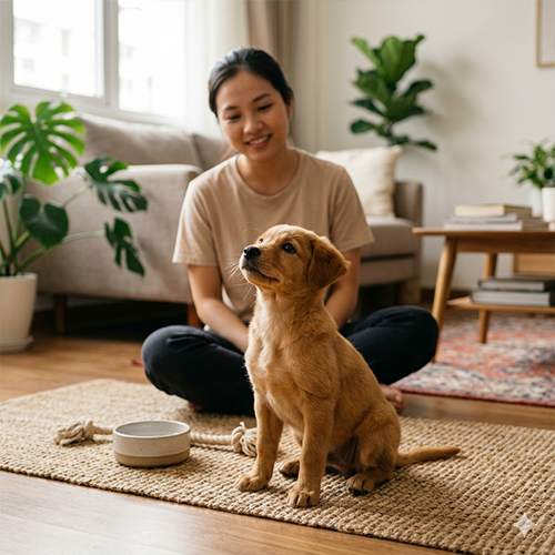 Người chủ đang dành thời gian quan sát và chăm sóc chú cún con trong phòng khách.