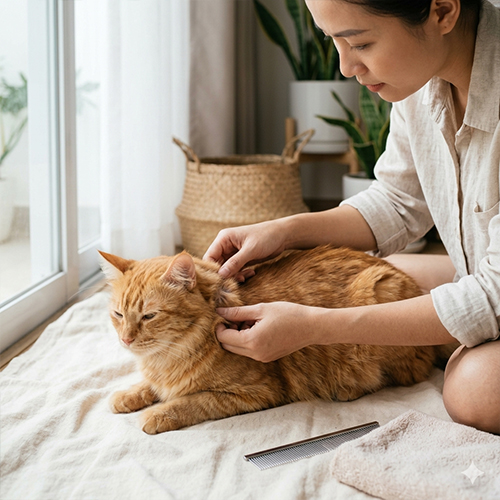 Chuyên viên đang chải lông và tách rối cho mèo lông dài