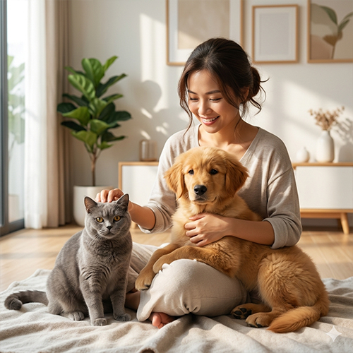 Một người phụ nữ Việt Nam đang mỉm cười và tương tác dịu dàng với chú chó Golden Retriever con và mèo British Shorthair, biểu hiện cho sự kết nối hạnh phúc và tin cậy sau khi chọn được shop uy tín.
