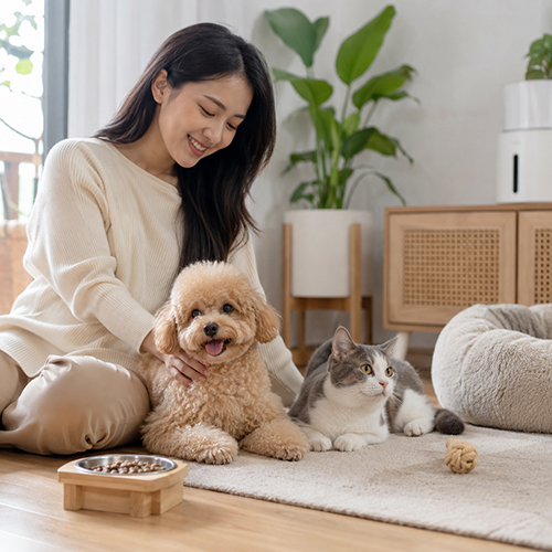 Người nuôi ngồi cùng chó mèo trong nhà, minh họa việc chọn cửa hàng thú cưng gần đây cần cân nhắc kỹ