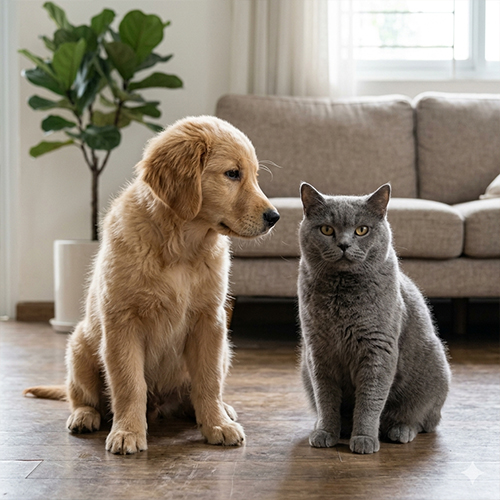Chú cún Golden Retriever và mèo Anh lông ngắn ngồi cạnh nhau trong không gian nhà hiện đại.