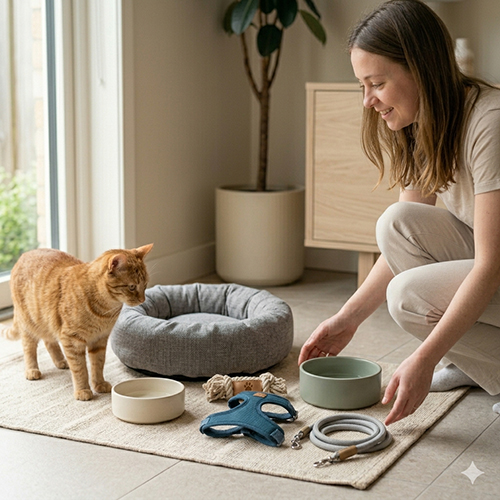 Mèo bên cạnh các phụ kiện an toàn, bền đẹp tại Chạm Pets.