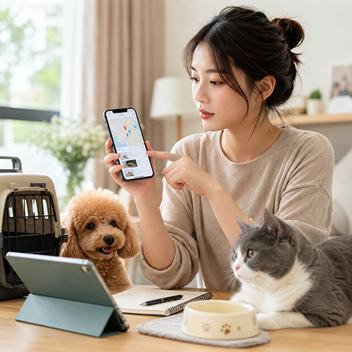 Người nuôi kiểm tra cửa hàng thú cưng trên bản đồ điện thoại trước khi đến