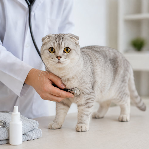 Bác sĩ thú y kiểm tra sức khỏe cho bé mèo tai cụp