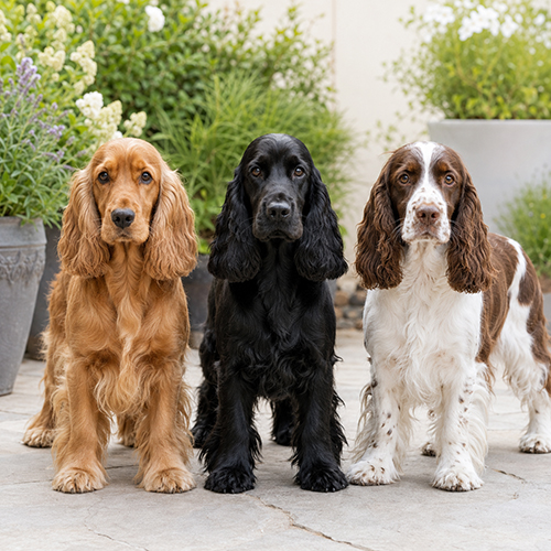 Ba chó Cocker Spaniel màu vàng, đen và trắng nâu đứng cạnh nhau