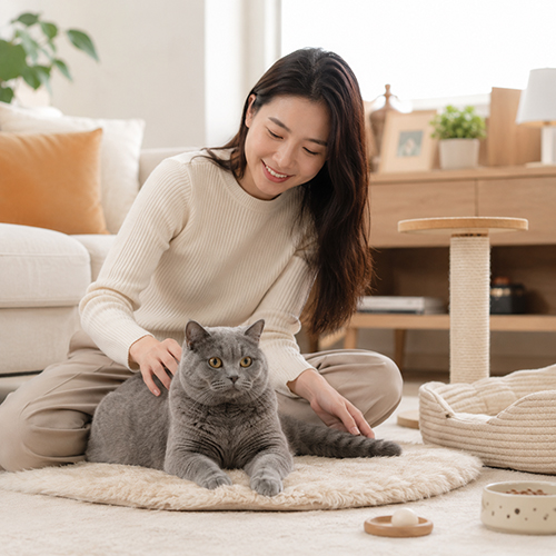 Mèo Anh lông ngắn nằm thư giãn trong phòng khách cùng người nuôi