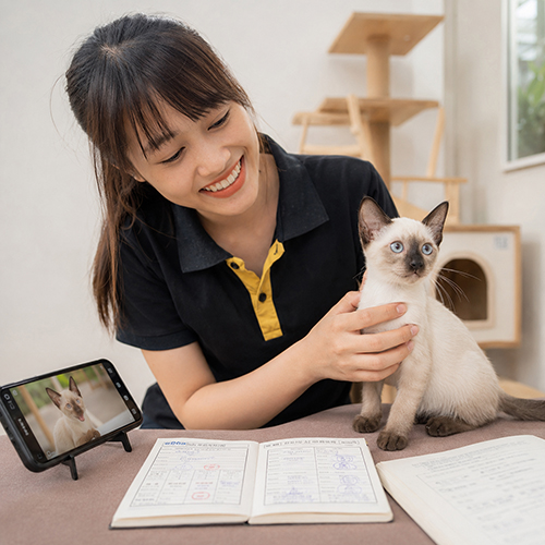 Người chăm sóc kiểm tra mèo Xiêm con cùng video thật và sổ tiêm