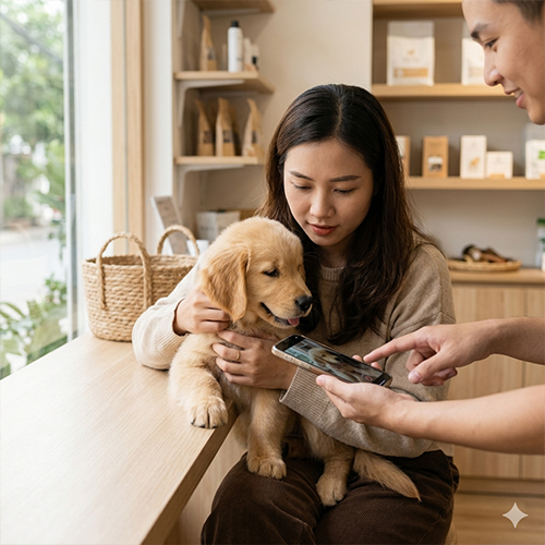 Chú chó Golden Retriever con đang ngồi bên cạnh bảng giá niêm yết rõ ràng của shop.