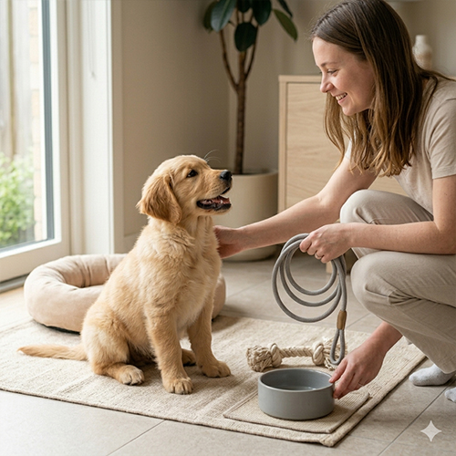 Chó con và người nuôi đang kiểm tra các món đồ phụ kiện cần thiết tại Chạm Pets.