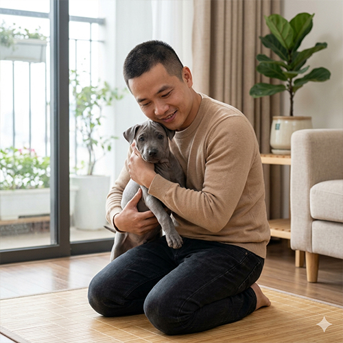 Người chủ ôm chú chó Thai Ridgeback màu xám, chú chó lộ rõ dải xoáy đặc trưng trên lưng.