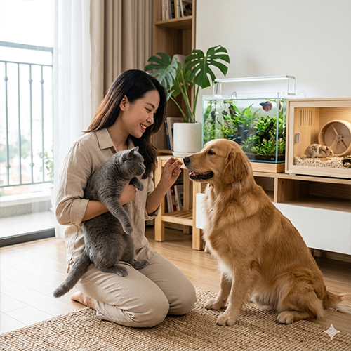Một người phụ nữ đang chơi đùa với chó mèo, phía xa là một bể cá cảnh.