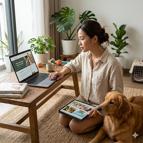 Một người phụ nữ trẻ đang đọc kiến thức về chăm sóc thú cưng trên máy tính bảng, bên cạnh chú chó Golden Retriever đang nằm nghỉ.
