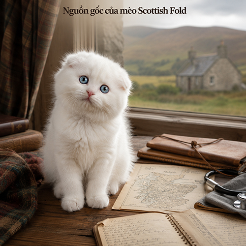 Mèo Scottish Fold trắng trong bối cảnh Scotland, minh họa nguồn gốc giống mèo tai cụp