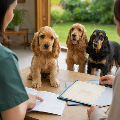Chó Cocker con bên hai chó trưởng thành và hồ sơ sức khỏe