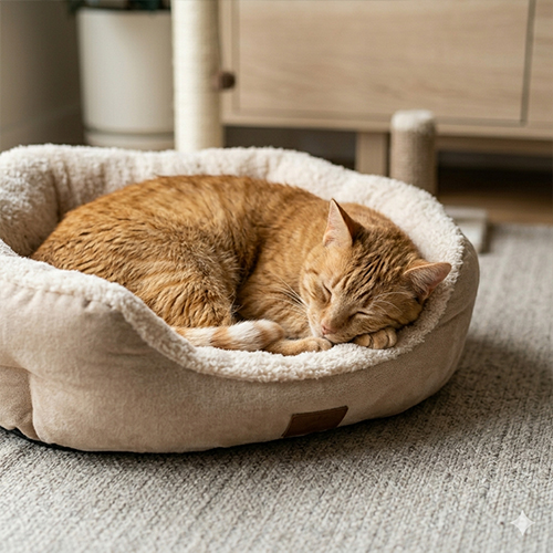 Mèo đang ngủ ngon trong nệm nằm êm ái tại Chạm Pets.