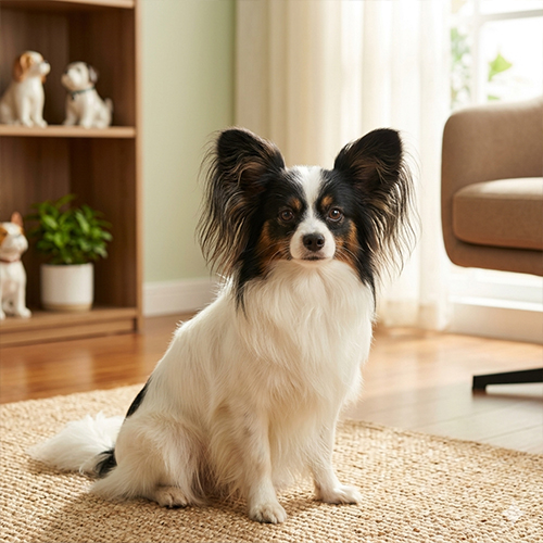 Chú chó Papillon với đôi tai hình cánh bướm đặc trưng đang ngồi ngoan ngoãn trong nhà.