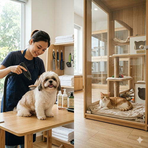 So sánh dịch vụ spa chăm sóc lông và dịch vụ lưu trú tại khách sạn thú cưng