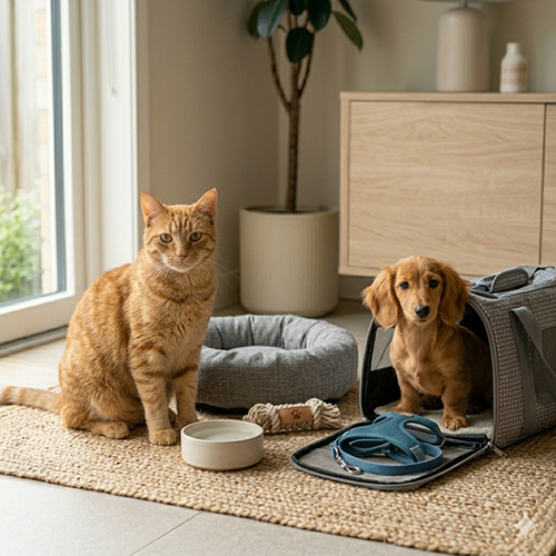 Mèo và chó con ngồi cạnh bộ sưu tập phụ kiện Chạm Pets.
