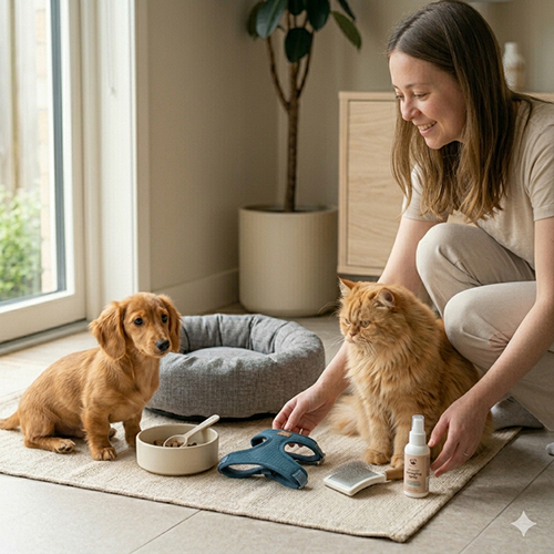 Chó lạp xưởng và mèo cùng sử dụng phụ kiện phù hợp tại Chạm Pets.