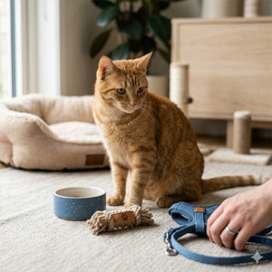 Bộ phụ kiện cơ bản bao gồm bát ăn, ổ nằm và dây dắt cho thú cưng tại Chạm Pets.
