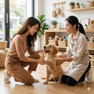 Khách hàng đang tương tác với chú chó Golden Retriever puppy khỏe mạnh tại một shop thú cưng uy tín, có sự hỗ trợ tận tâm của nhân viên.