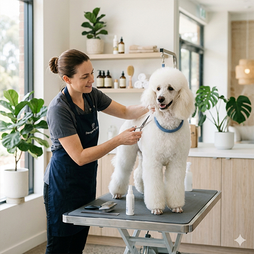 Nhân viên spa thú cưng đang thao tác nhẹ nhàng cắt tỉa lông cho một chú chó Poodle trong môi trường sạch sẽ.