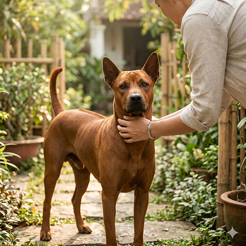 Người chủ đang âu yếm chú chó giống Thai Ridgeback, minh họa sự gắn kết và vẻ đẹp độc lạ của giống chó này.