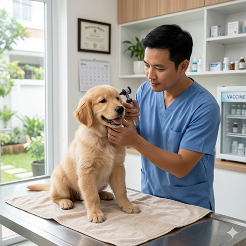 Bác sĩ thú y kiểm tra sức khỏe cho cún cưng trước khi gửi khách sạn