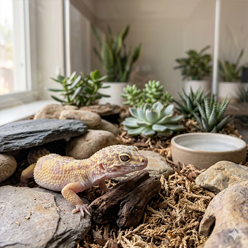 Chú thằn lằn da báo bé nhỏ bò trong bể kính terrarium với cây succulent và hệ thống chiếu sáng visible.