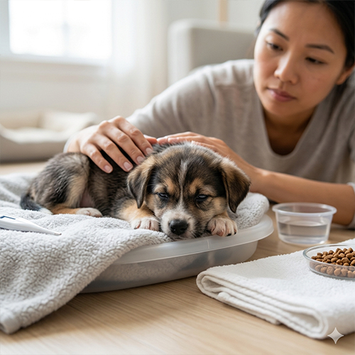 Người chủ ân cần chăm sóc chú cún con đang mệt mỏi bên cạnh các vật dụng y tế cơ bản.