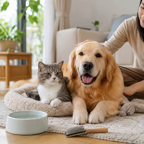 Người chăm sóc chó mèo trong nhà, thể hiện sự khác biệt giữa thú cưng và vật nuôi thông thường