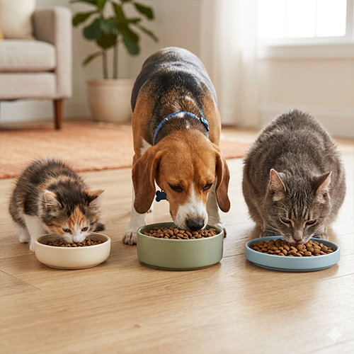Một chú chó Beagle và mèo đang ăn hạt từ bát riêng.