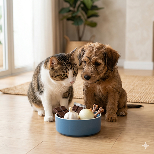 Chú chó và mèo đang nhìn bát đựng các thực phẩm có hại như tỏi, hành, chocolate.