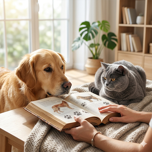 Chó mèo bên cuốn sách hướng dẫn, minh họa việc tìm hiểu sâu hơn trước khi nuôi thú cưng