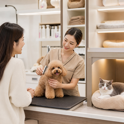 Nhân viên chải lông cho chó tại spa thú cưng, mèo nằm nghỉ trong ổ riêng